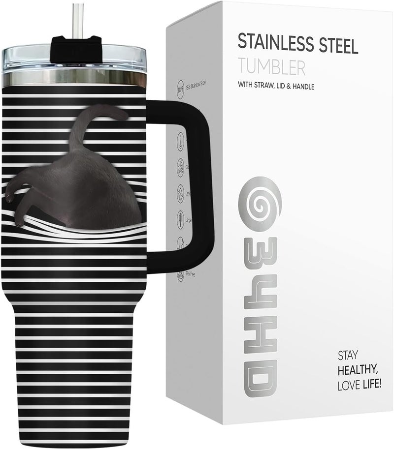 34HD Black Cat Tumbler with Handle and Straw, 40 oz Stainless Steel Vacuum Insulated Hide and Seek Mug Kitty, Cat Gifts for Men Women Mothers Day Birthday Christmas - Image 3