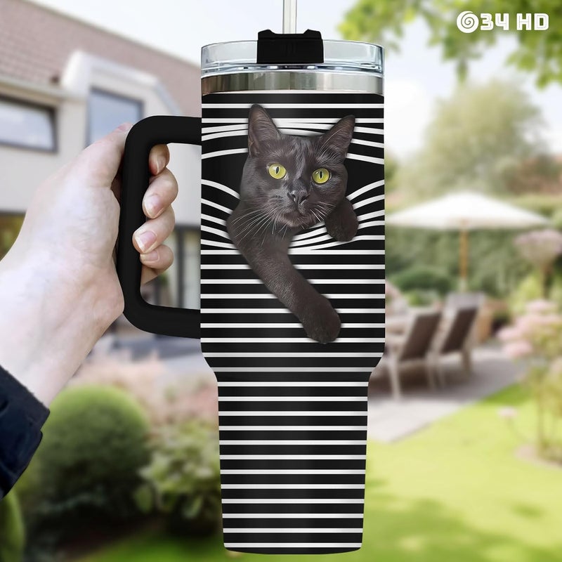 34HD Black Cat Tumbler with Handle and Straw, 40 oz Stainless Steel Vacuum Insulated Hide and Seek Mug Kitty, Cat Gifts for Men Women Mothers Day Birthday Christmas - Image 5