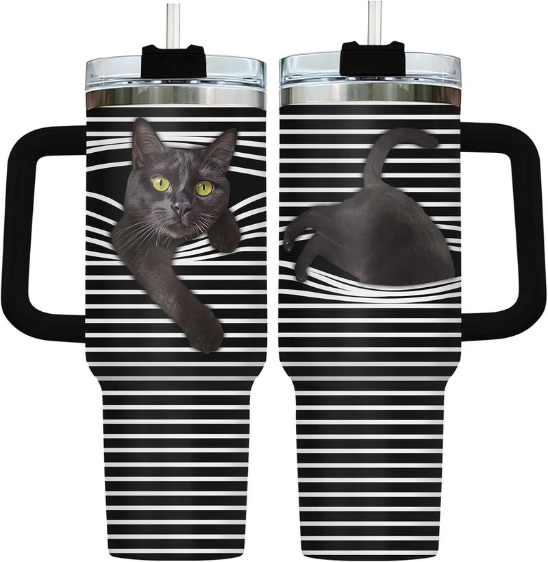 34HD Black Cat Tumbler with Handle and Straw, 40 oz Stainless Steel Vacuum Insulated Hide and Seek Mug Kitty, Cat Gifts for Men Women Mothers Day Birthday Christmas - Image 1