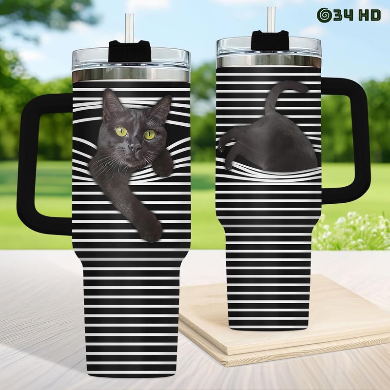 34HD Black Cat Tumbler with Handle and Straw, 40 oz Stainless Steel Vacuum Insulated Hide and Seek Mug Kitty, Cat Gifts for Men Women Mothers Day Birthday Christmas - Image 4