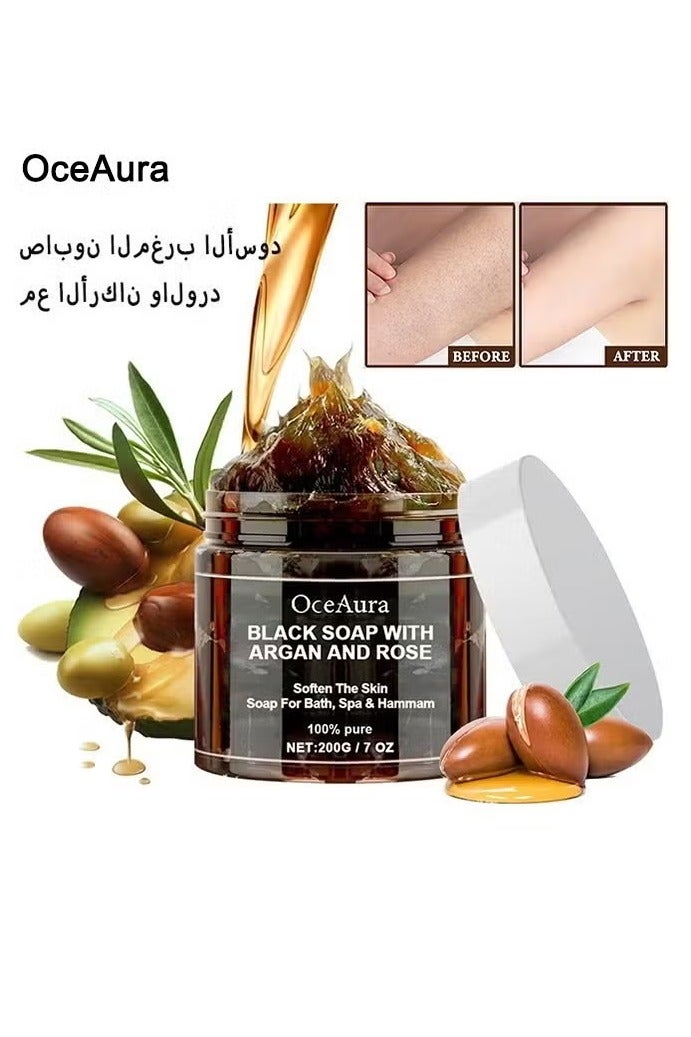 OceAura Morocco Black Beldi Soap With Argan and Rose, Argan Black Soap, Morocco Body Scrub, Body Exfoliator Scrub with Glove, Organic Cleansing, Exfoliating - Image 1