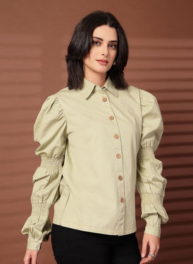 PlusS Green Cotton Casual Shirt for Women - Image 3