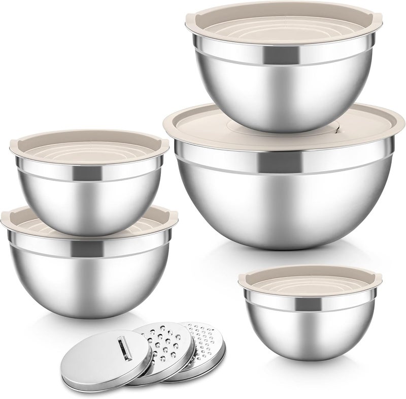 Herogo Mixing Bowl, Set of 5, Khaki, Stainless Steel Bowl with Airtight Lids, Metal Salad Bowl with 3 Grater Attachments for Preparing/Baking/Serving/Storage/Mixing, Dishwasher Safe - Image 1