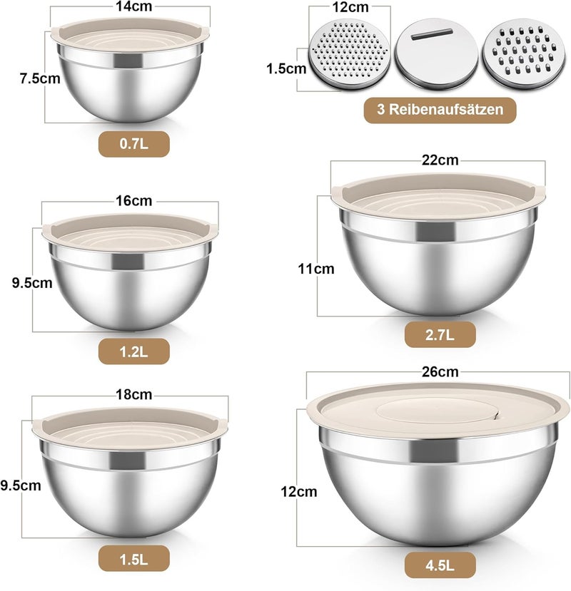 Herogo Mixing Bowl, Set of 5, Khaki, Stainless Steel Bowl with Airtight Lids, Metal Salad Bowl with 3 Grater Attachments for Preparing/Baking/Serving/Storage/Mixing, Dishwasher Safe - Image 2