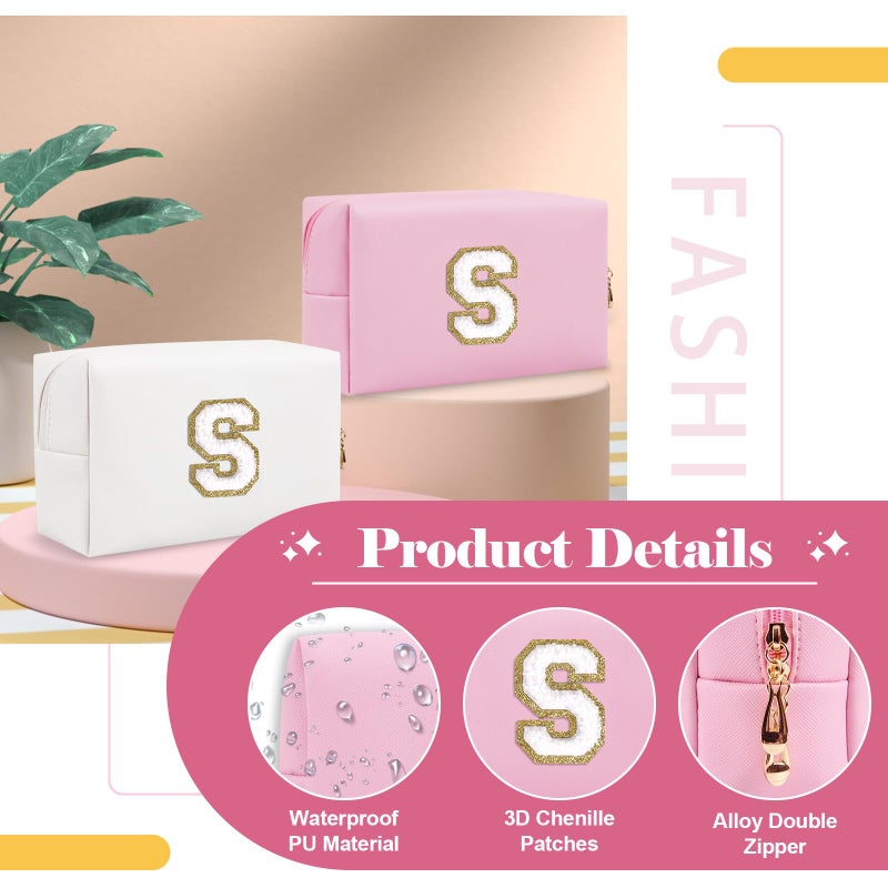 ChaoGreat حقيبة مكياج أولية مخصصة من A-Z Preppy Patch حقيبة مستحضرات تجميل صغيرة على شكل حرف Pu Chenille مع سحاب للفتيات المراهقات، حقيبة منظم أدوات الزينة الوردية اللطيفة، حقيبة مكياج هدية للنساء والفتيات، حرف S - Image 3