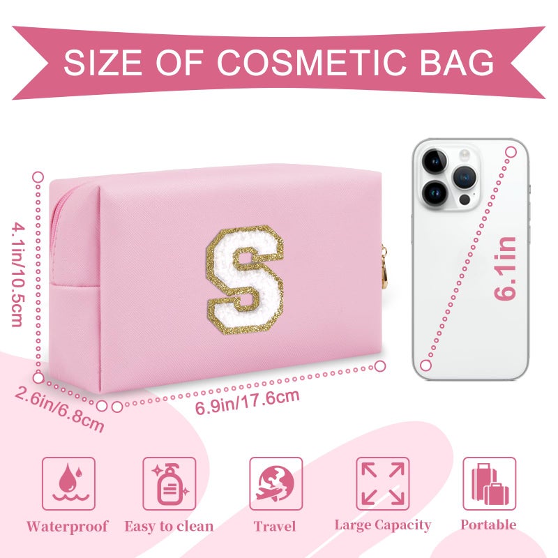 ChaoGreat حقيبة مكياج أولية مخصصة من A-Z Preppy Patch حقيبة مستحضرات تجميل صغيرة على شكل حرف Pu Chenille مع سحاب للفتيات المراهقات، حقيبة منظم أدوات الزينة الوردية اللطيفة، حقيبة مكياج هدية للنساء والفتيات، حرف S - Image 2
