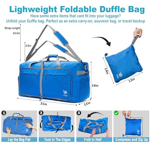 Bago Large Foldable Duffel Bags for Traveling Women & Men - 120L Packable Duffle Bag for Travel with Shoe Compartment - Water Repellant, Heavy Duty, Lightweight Folding & Collapsible (Blue) - Image 4