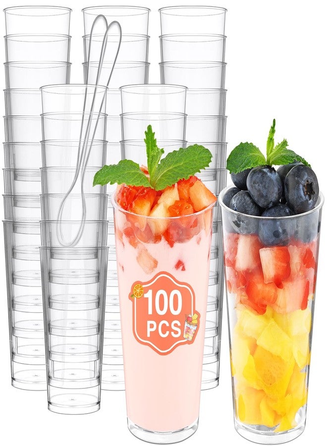 Eupako 3 oz Plastic Dessert Shooter Cups with Spoons - 100 Pack Mini Clear Round Appetizer Cup Shot Glasses, Small Dessert Cups for Jello Shots, Parfait, Puddings, Mousse, Parfait - Image 1