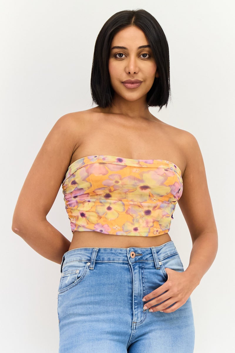Bershka Women Straight Across Strapless Floral Print Tank Top, Multicolor - Image 1