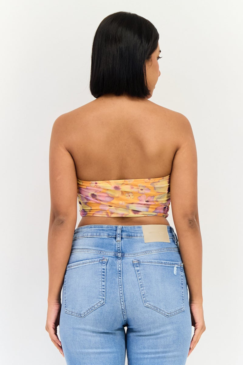 Bershka Women Straight Across Strapless Floral Print Tank Top, Multicolor - Image 3