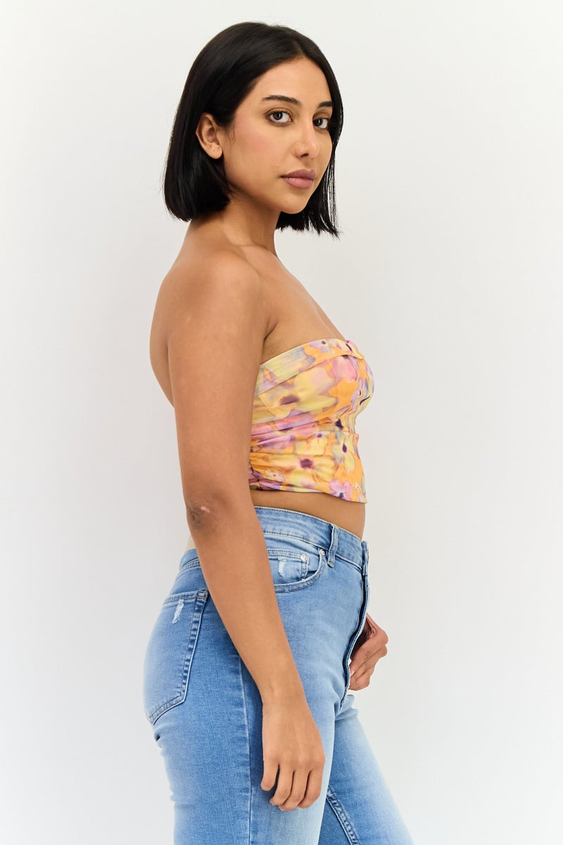 Bershka Women Straight Across Strapless Floral Print Tank Top, Multicolor - Image 2