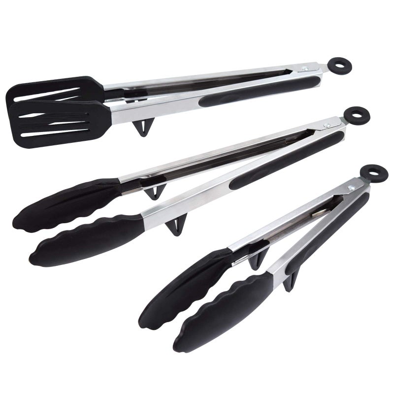 Goalfly 3 Pack Kitchen Tongs with Resting Gadget Cooking Tongs Set with Silicone Tips 1pc Spatula Tong 32cm 2pcs Basic Food Tongs 26cm 33cmSuitable for BBQ Grill Frying and Salad