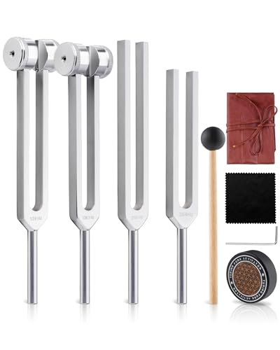 FAITIO Tuning Forks for Healing Set-128Hz, 136.1Hz, 256Hz, 384Hz Weighted & Unweighted with Activator & Pouch-Complete Sound Therapy Kit for Chakra Balancing, Yoga, Meditation, Stress Relief & Energy Healing - Image 1