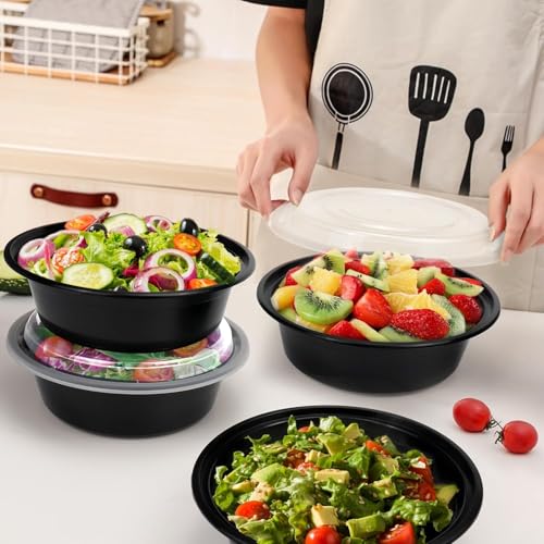 V4L Black Flat Round Containers | Microwave Safe & Reusable Food Containers with Snap-Lid | Compact, Stackable Food Storage Boxes for Home, Kitchen & Takeaway Use (10, Black, 500ml) - Image 2