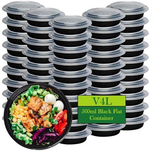 V4L Black Flat Round Containers | Microwave Safe & Reusable Food Containers with Snap-Lid | Compact, Stackable Food Storage Boxes for Home, Kitchen & Takeaway Use (10, Black, 500ml) - Image 1