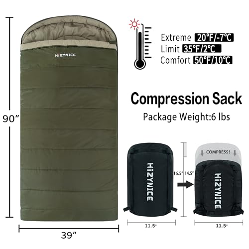 HiZYNICE Winter Sleeping Bag for Adults Cold Weather Camping XXL Wide Long.20 Degree Green Right Zip.Free Compression Sack - Image 2