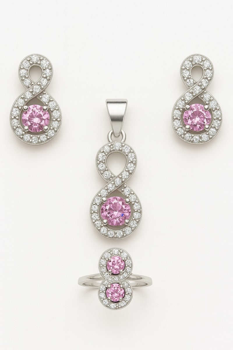 Ready For Chai Infinity CZ Pendant Set | Real 925 Sterling Silver Jewelry for women with Simulated Gemstones | Rhodium-Plated Earrings, Ring & Pendant | - Image 1