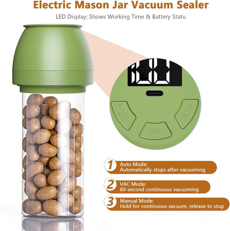 VUEBEE Electric Mason Jar Vacuum Sealer for Regular Mouth and Wide Mouth Canning Jars, Automatic Sealing Machine Kit for Food Storage and Fermentation - Green - Image 3