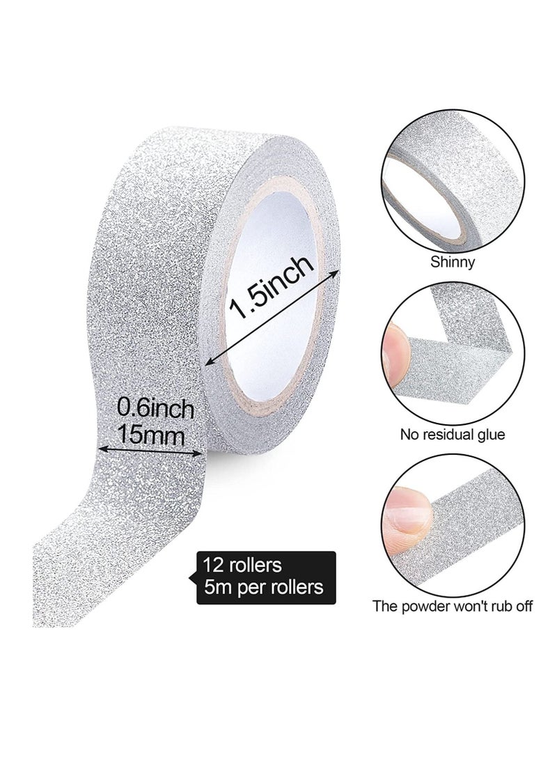 Excefore Silver Glitter Washi Tape Set, 12 Rolls Crafting Tape Glitter Masking Tape for Festival Decoration Scrapbooking, Journal, Planner, Gift Wrapping, 0.6 Inch Wide - Image 2