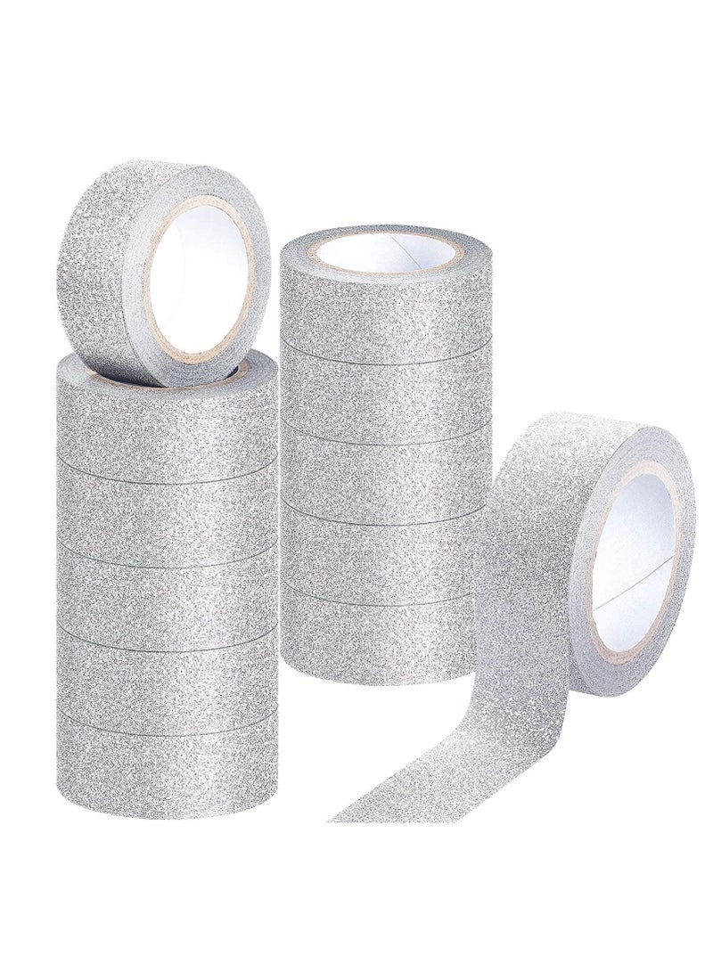 Excefore Silver Glitter Washi Tape Set, 12 Rolls Crafting Tape Glitter Masking Tape for Festival Decoration Scrapbooking, Journal, Planner, Gift Wrapping, 0.6 Inch Wide - Image 1