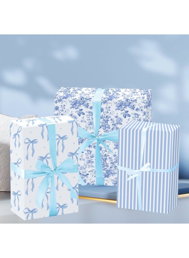 Keluna Blue Bow Gift Wrapping Paper - 12 Pcs Cute Bow Chinoiserie Art Design Gifts Wrap Paper For Valentine'S Day Boy Birthday Bachelorette Party Baby Shower Wedding Holiday - Image 4