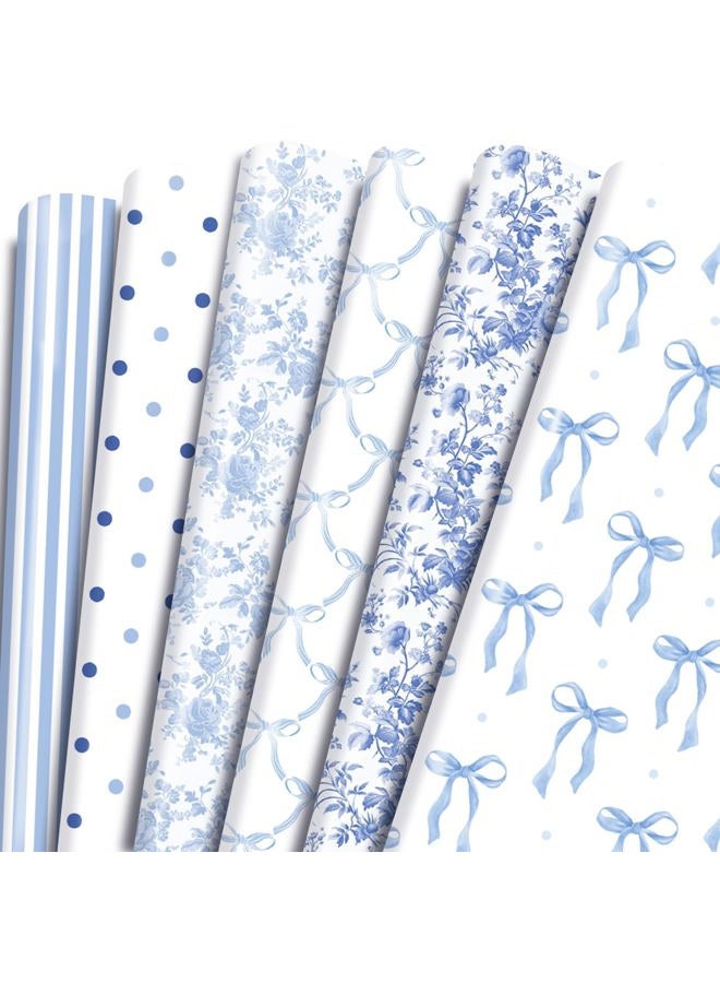 Keluna Blue Bow Gift Wrapping Paper - 12 Pcs Cute Bow Chinoiserie Art Design Gifts Wrap Paper For Valentine'S Day Boy Birthday Bachelorette Party Baby Shower Wedding Holiday - Image 1