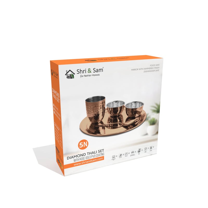 Shri & Sam Stainless Steel Hammered Rose Gold Diamond Thali Set with PVD Coating - Image 4