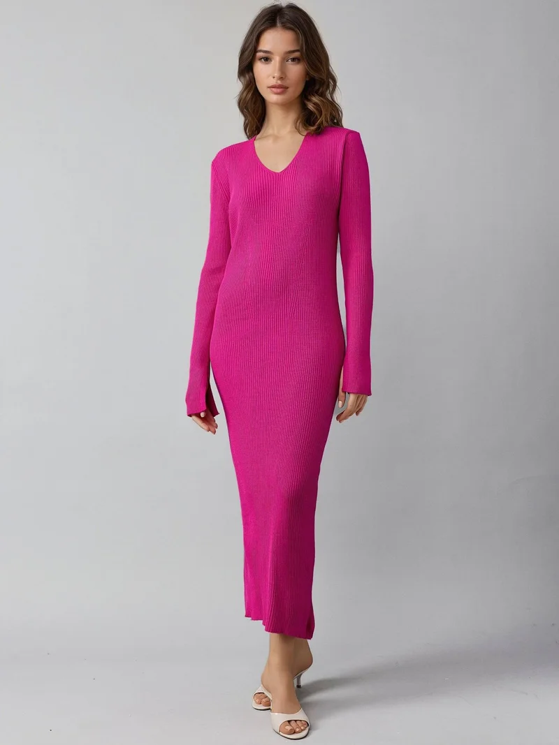 MY FASHION Magenta Pink MY FASHION V-Neck Textured Maxi Knit Dress with Slit for Women | Best Price UAE