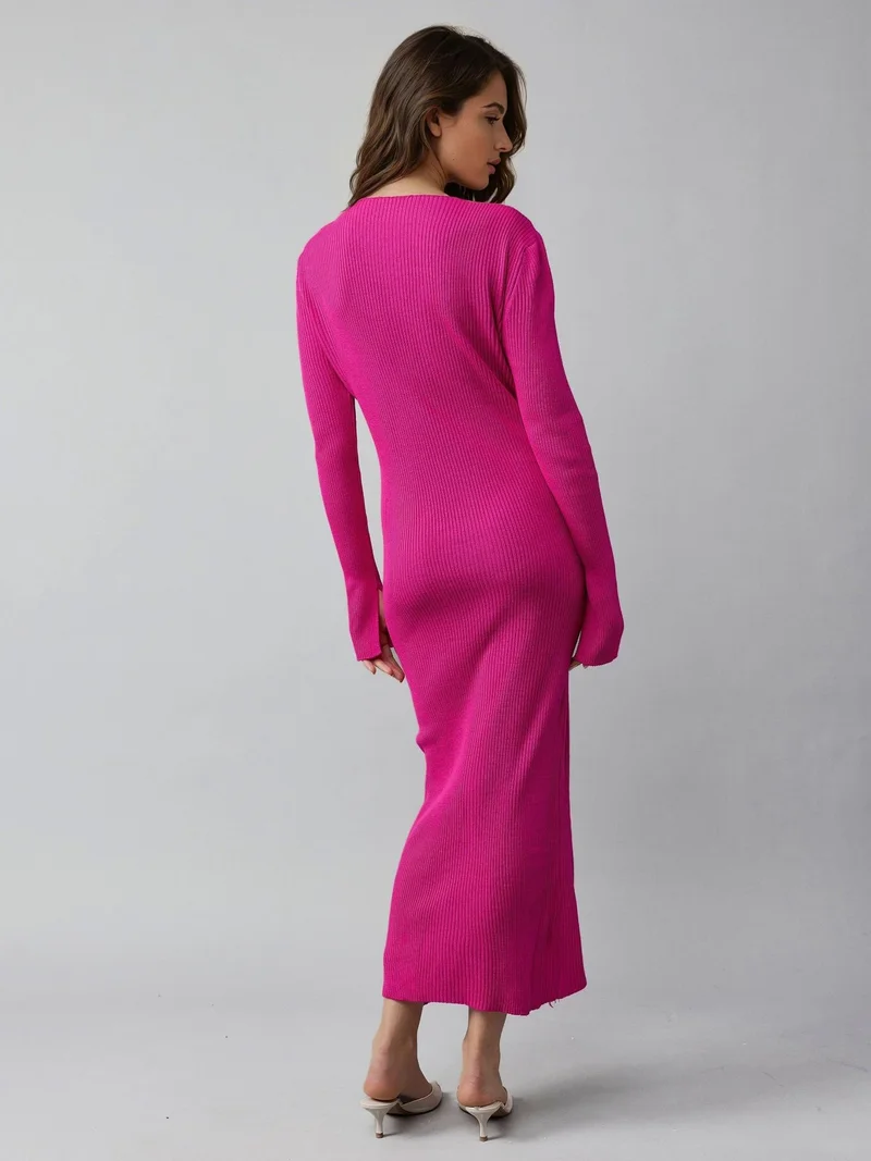 MY FASHION Magenta Pink MY FASHION V-Neck Textured Maxi Knit Dress with Slit for Women | Best Price UAE