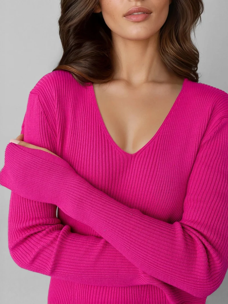 MY FASHION Magenta Pink MY FASHION V-Neck Textured Maxi Knit Dress with Slit for Women | Best Price UAE