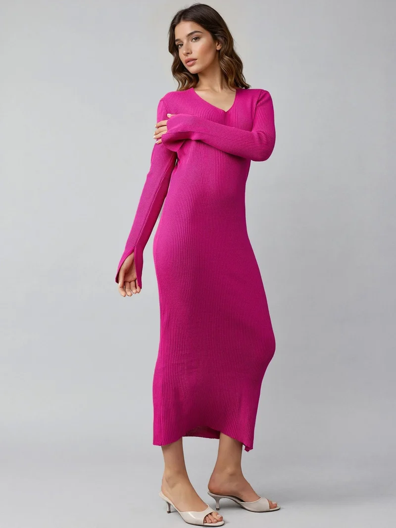 MY FASHION Magenta Pink MY FASHION V-Neck Textured Maxi Knit Dress with Slit for Women | Best Price UAE