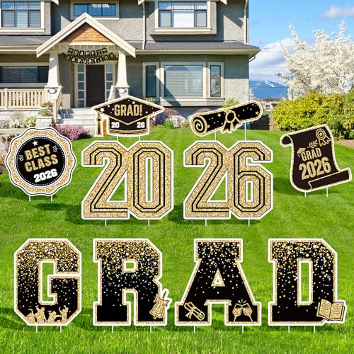 KLYRO 2026 Graduation Decorations Yard Signs 10PCS Black and Gold Congrats Grad Lawn Decorations with Stakes Graduation Party Supplies Large Outdoor Graduation Party Decor for High School College - Image 1