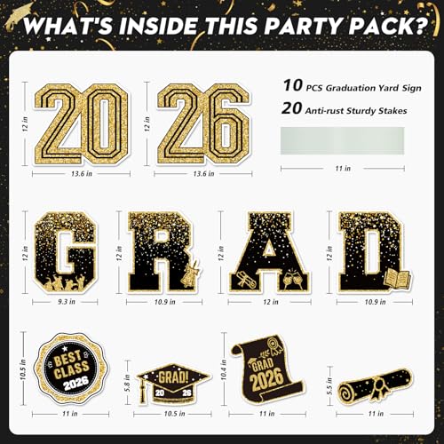 KLYRO 2026 Graduation Decorations Yard Signs 10PCS Black and Gold Congrats Grad Lawn Decorations with Stakes Graduation Party Supplies Large Outdoor Graduation Party Decor for High School College - Image 3