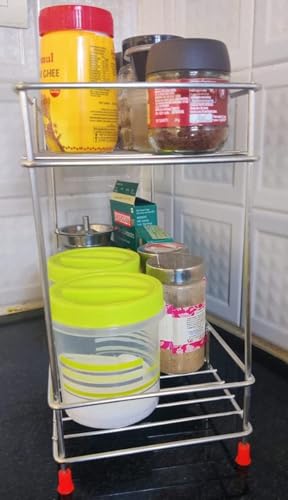 Cri8Hub Heavy Stainless Steel 2 Tier Kitchen Rack - Spice Boxes Rack Kitchen Stand - Cosmetic Organizer, Counter Top Basket -Floor Mounted Shelf for Home, Tiered Shelf - Image 3