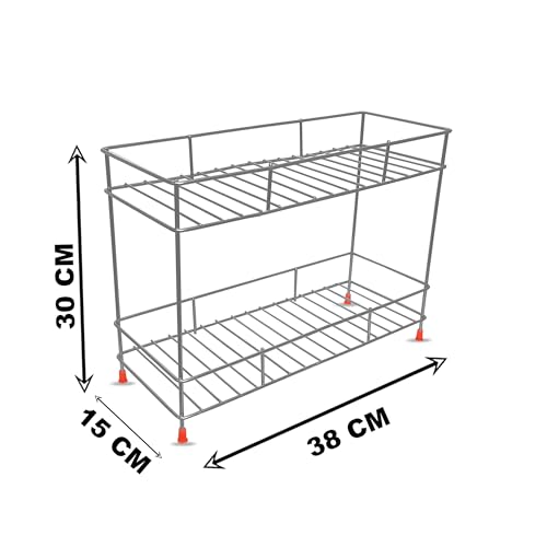 Cri8Hub Heavy Stainless Steel 2 Tier Kitchen Rack - Spice Boxes Rack Kitchen Stand - Cosmetic Organizer, Counter Top Basket -Floor Mounted Shelf for Home, Tiered Shelf - Image 4