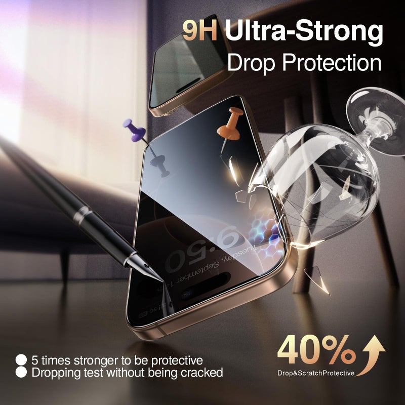 SMARTDEVIL 2 Pack for iPhone 16 Pro Privacy Screen Protector, Military Grade Shatterproof, 9H Hardness, Anti-Spy Tempered Glass, Fast & Easy Instlltion, Case Friendly - Image 5