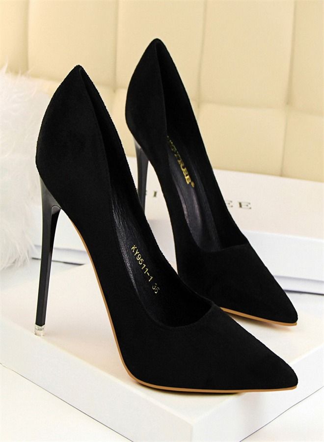 BIGTREE Shallow Pointed Suede High Heels 10.5CM Black
