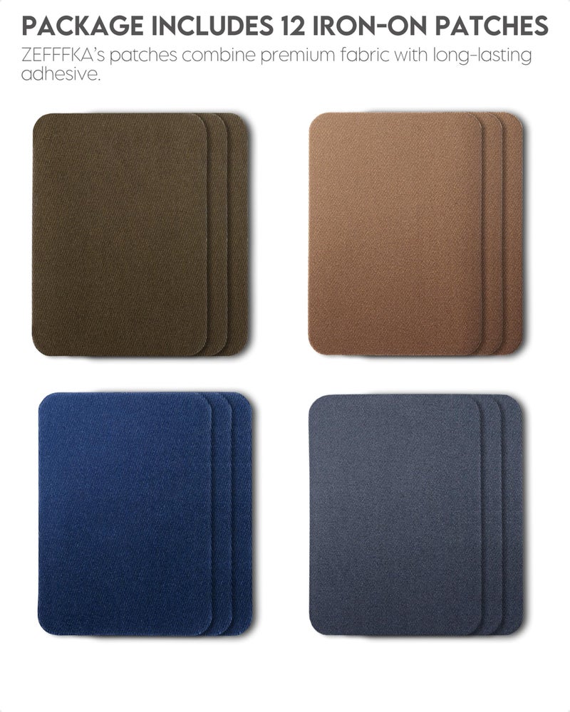 ZEFFFKA Premium Quality Fabric Iron-on Patches Inside & Outside Strongest Glue 100% Cotton Deep Blue Khaki Gray Brown Repair Decorating Kit 12 Pieces Size 3" by 4-1/4" (7.5 cm x 10.5 cm) - Image 2