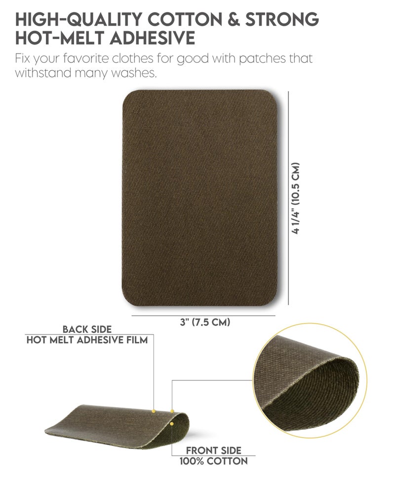 ZEFFFKA Premium Quality Fabric Iron-on Patches Inside & Outside Strongest Glue 100% Cotton Deep Blue Khaki Gray Brown Repair Decorating Kit 12 Pieces Size 3" by 4-1/4" (7.5 cm x 10.5 cm) - Image 3