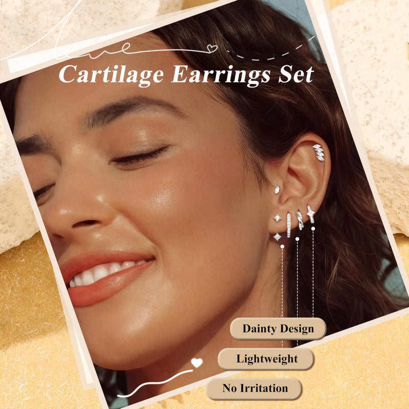 MILACOLATO 6Pairs 925 Sterling Silver Earrings for Women 14K Gold Plated Small Stud Hoop Earrings Sets for Multiple Piercing Hypoallergenic CZ Cartilage Earrings Stacks Earrings, B - Image 3