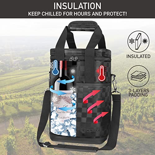 Opux 4 Bottle Insulated Wine Cooler Bag - Leakproof Padded Portable Wine Bottle Carrier for Travel Picnic, BYOB Gift (Black Square) - Image 2
