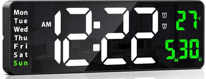 RtnSparsh Digital LED Wall Clock for Living Room Decor Large Display with Date Temperature Week Desk Alarm Clock for Bedroom with Remote Control for Office Home Green White Green - Image 1