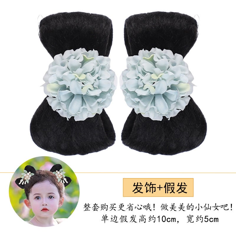 Generic Childrens Hanfu wig bag daily ancient costume bow bun ancient style wig girls hair accessories Headdress Ball head K86 blue two + VP058 wigs