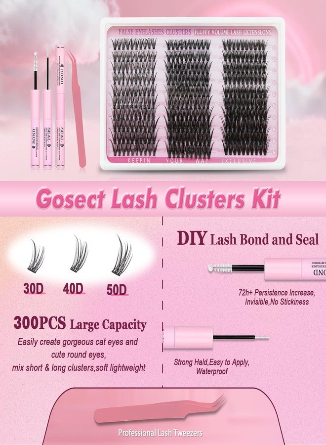Gosect Lash Extension Kit DIY 300pcs Lash Clusters Eyelash Extension Kit,Individual Lashes Kit with Lash Bond and Seal, Lash Tweezers for Self Use (30D&40D&50D, 300pcs, 10-16mm, Kit) - Image 2