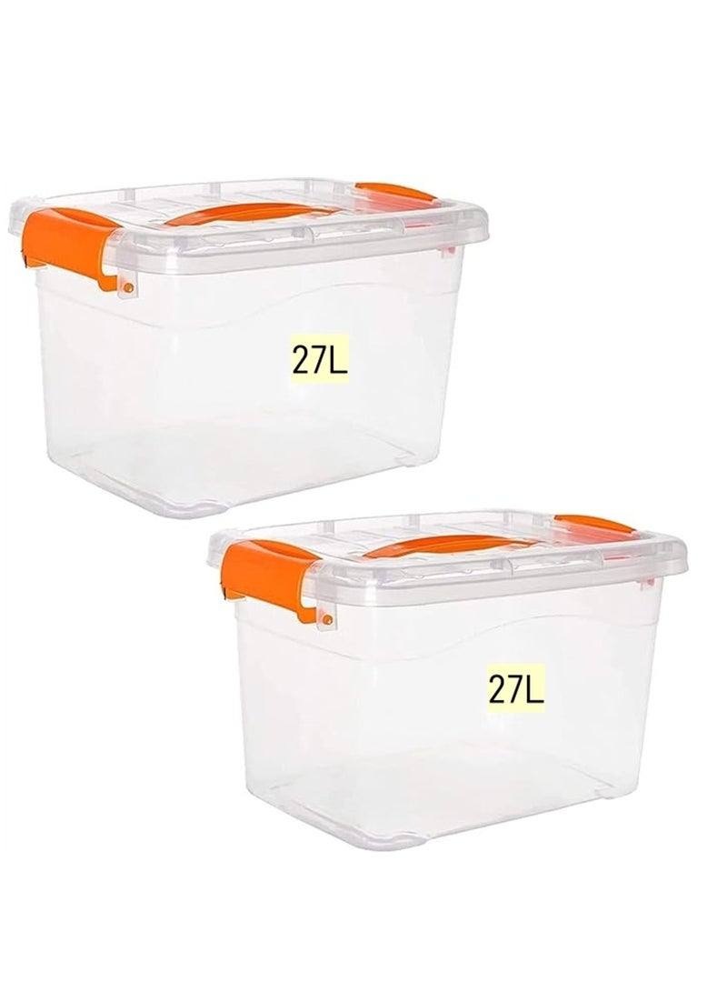 2pcs Plastic Storage Boxes, 27L Clear Stackable Containers With Lockable Lids, Clear Plastic Organizer – Transparent Box Storing Toys, Shoes, Kitchen Items, Snacks, Tools, Medicine - Image 1