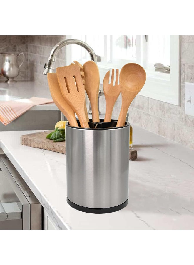 360 Degree Rotating Stainless Steel Kitchen Utensil Holder, Large Countertop Cookware Organizer, 3 Storage Compartments - Image 3