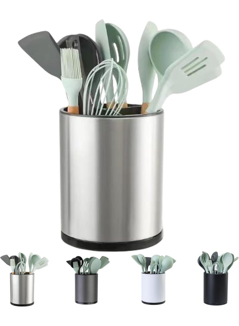 360 Degree Rotating Stainless Steel Kitchen Utensil Holder, Large Countertop Cookware Organizer, 3 Storage Compartments - Image 1