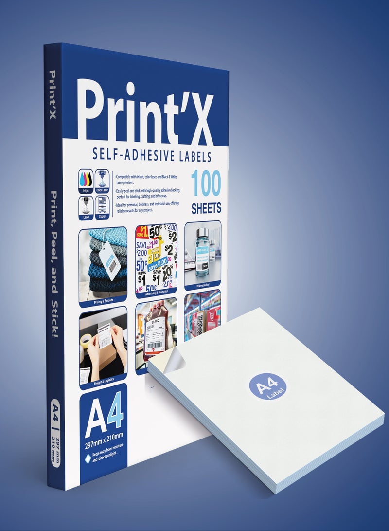 Print'X A4 Sticker Paper Self-Adhesive  – 100 Sheets – Compatible with Inkjet, Laser & All Printers - Image 1