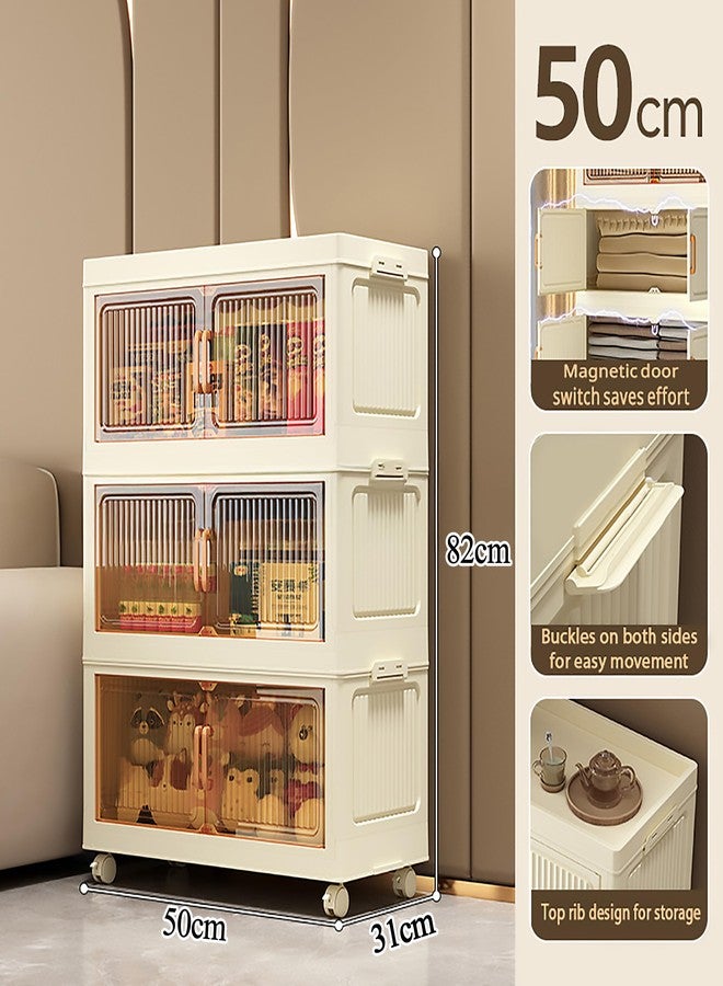 REXERA 𝟑 𝐏𝐀𝐂𝐊 Plastic Rack for Storage Cabinet with Wheels | Multipurpose Storage Almirah Wardrobe for Clothes, Toys, Kitchen Cupboard & Bedroom | Plastic Organizer with Transparent Doors - WHITE - Image 2