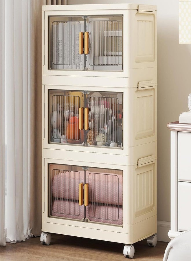 REXERA 𝟑 𝐏𝐀𝐂𝐊 Plastic Rack for Storage Cabinet with Wheels | Multipurpose Storage Almirah Wardrobe for Clothes, Toys, Kitchen Cupboard & Bedroom | Plastic Organizer with Transparent Doors - WHITE - Image 1
